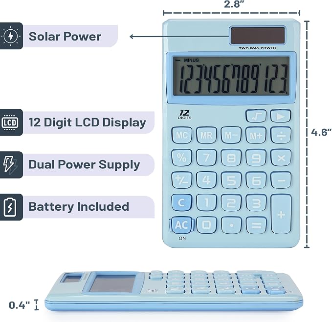 Mr. Pen- Standard Function Calculator, 12 Digits | Small Light Blue Solar Pocket Calculator, Simple Basic Office Handheld