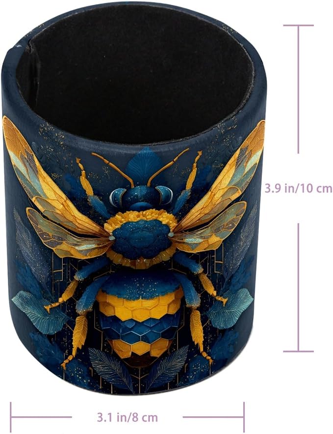 Leather Pen Holder for Desk, Bee Pencil Cup Pen Organizer Makeup Brush Holder for Office Home Kids Countertop Desk Accessory Storage