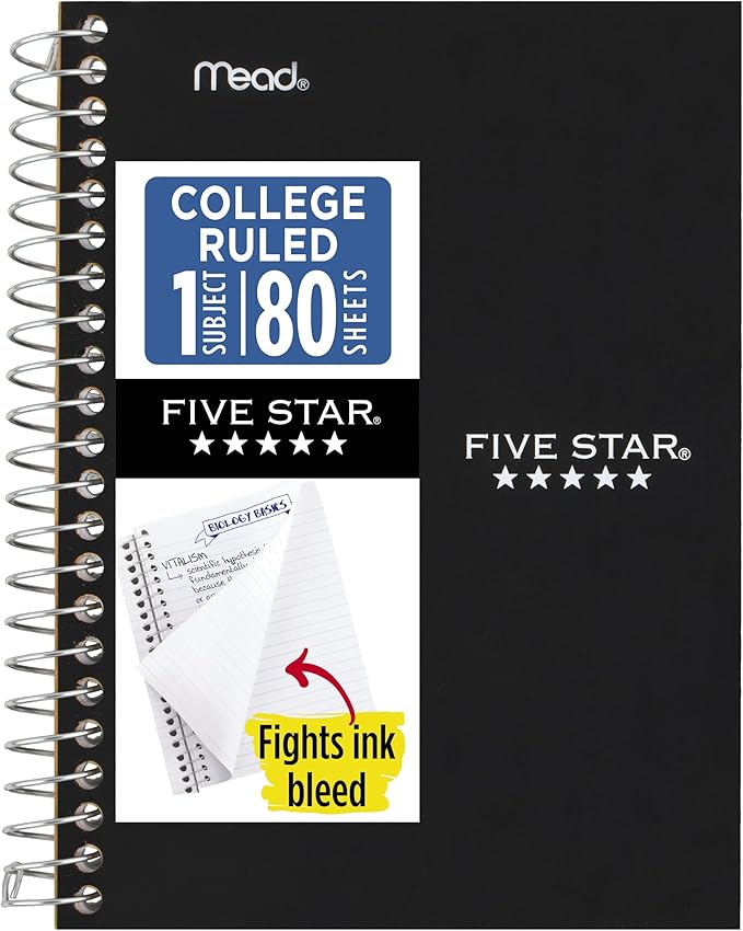 Five Star Spiral Notebook, 1 Subject, College Ruled Paper, 4-3/8" x 7", Small Size, 80 Sheets, Fights Ink Bleed, Water Resistant Cover, Black (450048AA2-ECM)