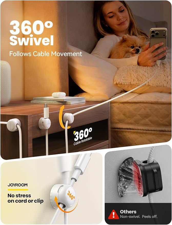 JOYROOM 8 Pack Magnetic Cable Clips, 360° Swivel Cord Organizer Wire Holder | Strong Adhesive Rotatable Cable Management Accessories for Home Nightstand Phone Charger Car Wall Office Desk Organization