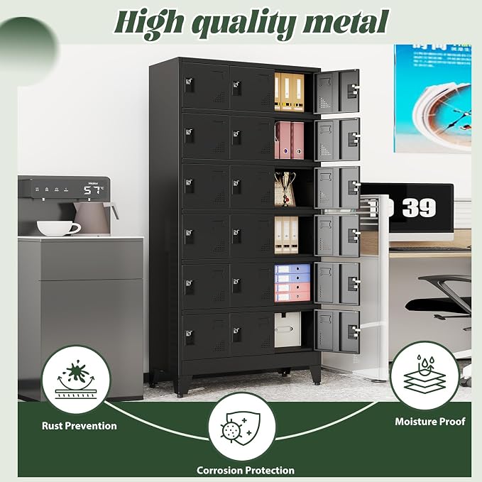 Metal Lockers for Employees-18 Doors Storage Locker with Shelves and Lockable Steel Cabinet for School,Gym,Office,Staff,Assembly Required,Black