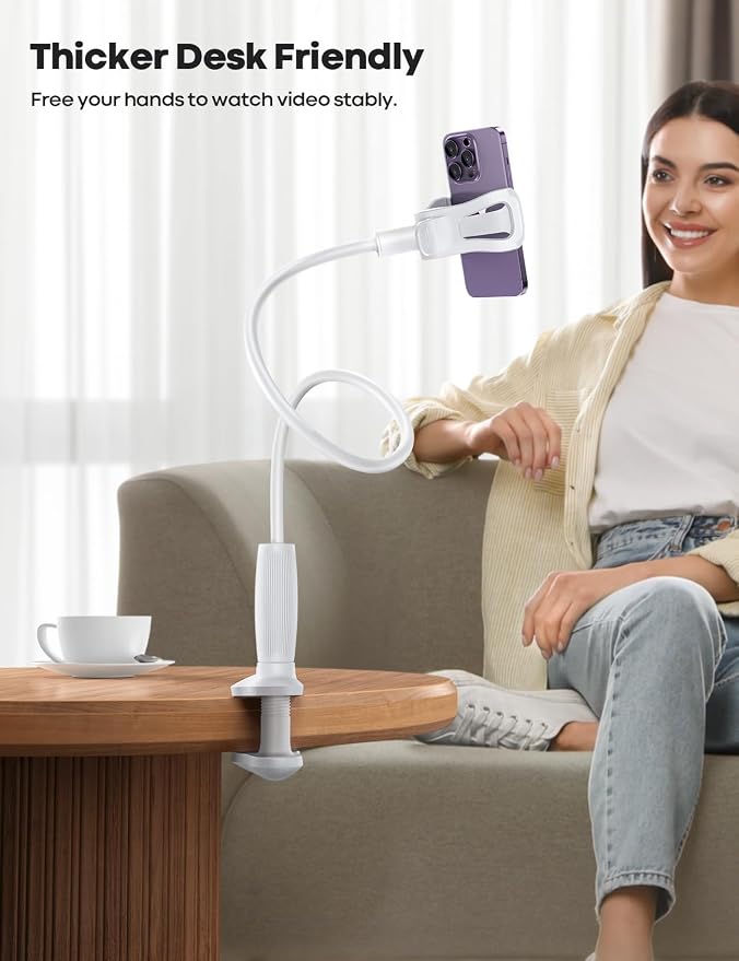 Lamicall Gooseneck Phone Holder for Bed, Stable Flexible Arm Stand for Desk | Upgraded Al-Mg Alloy Core, Secure Clamp Base, 33.4" Long Arm, Hands-Free Viewing, Bedside & Desk Use, Fits 4-7" Phones, White