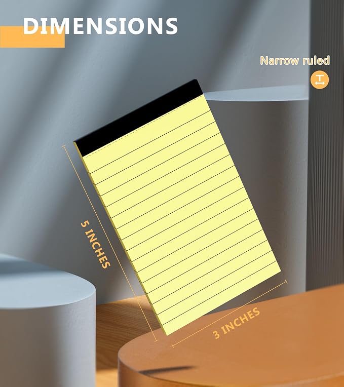 12 Pack Notepads 3x5, Perforated Yellow Lined Paper Memo Pads, 30 Sheets | Small Thick Paper, Ink Bleed Resistant, Smooth Writing Durable Cardboard Back, Easy Tear-Off,Perforated Pages, Compact Size