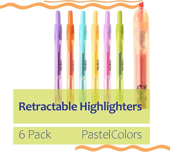 Mr. Pen- Retractable Highlighters, 6 Pack, Pastel Colors | Chisel Tip Highlighter Marker Set, Click Highlighter Markers for Classroom, Journaling, Study Supplies