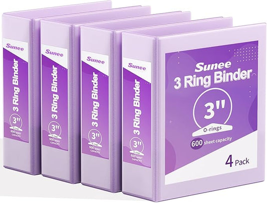 SUNEE 3 Ring Binder 3 Inch 4 Pack, 3" Clear View Binder Three Ring PVC-Free (Fit 8.5x11 Inches) for School or Office Supplies, Purple