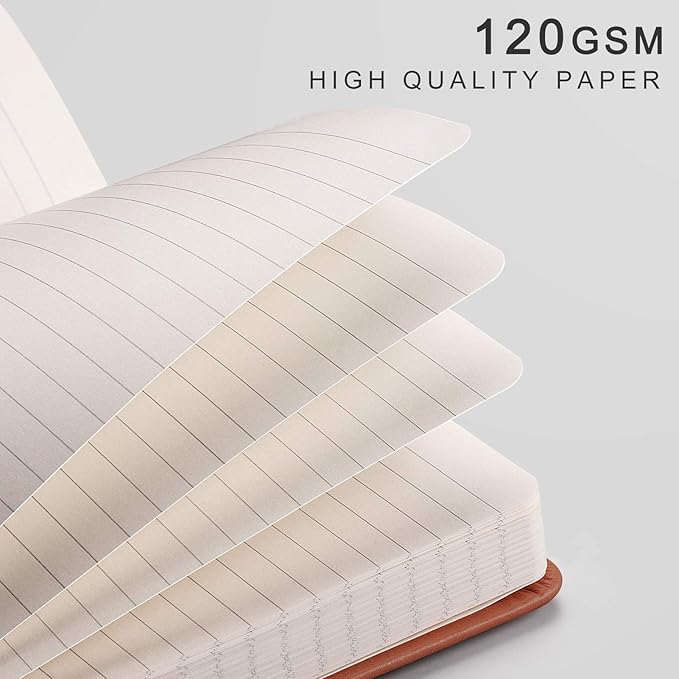 EMSHOI A5 College Ruled Notebook, 256 Numbered Pages 120GSM Ink-Proof Faux Leather Hardcover Lay-Flat Lined Journal for Work Office School Travel Writing, Small 5.75" x 8.38", Brown