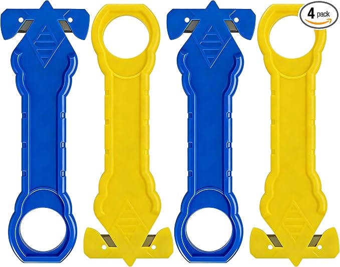 4 Pcs Safety Box Cutter, Portable Package Opener with Concealed Stainless Steel Blade & Built-In Tape Splitter, Utility Cutting Knife for Cartons, Cardboard, Wrap, Straps, Film, Home Warehouse Office
