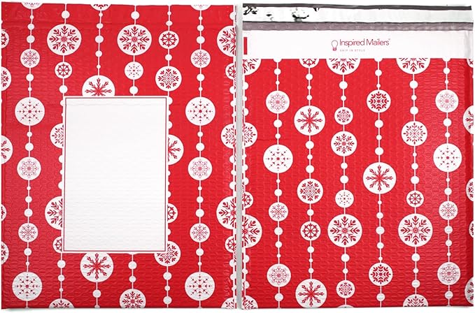 Bubble Mailers 12x15" - Red Snowflake Baubles (Writable Area) - 10 Pack - Large Padded Envelopes 12x15 - Poly Bubble Mailers Padded Mailers - Holiday Bubble Envelopes