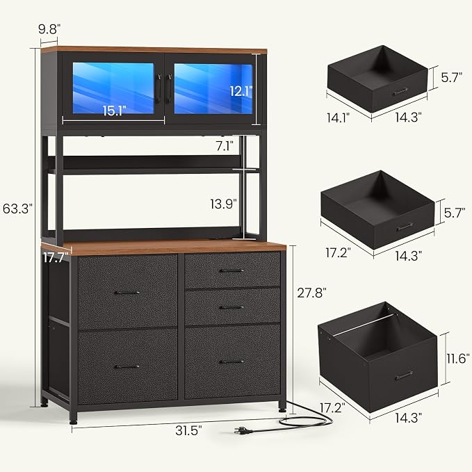 SEDETA 5 Drawer File Cabinet with Power Strip, 31.5" Filing Cabinet fits Legal, Letter, A4 Size File for Home Office with Printer Stand, LED Lights and Storage Shelf, Black and Brown