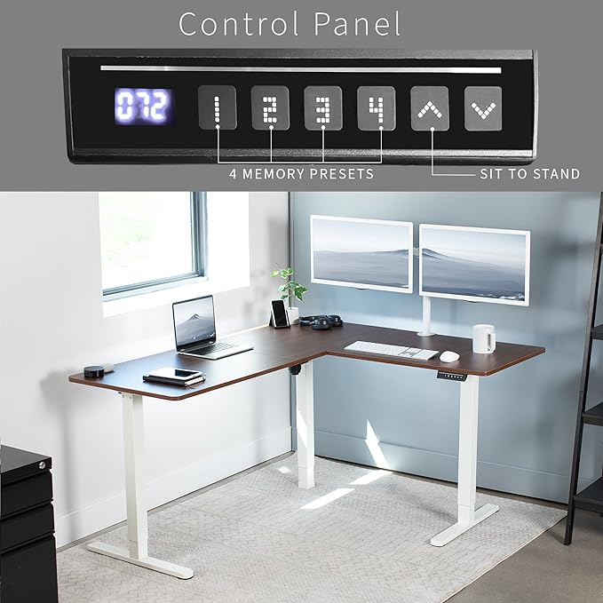 VIVO Corner Standing Desk, 63 x 55 inch Reversible L-Shaped Workstation, Electric Height Adjustment, Home, Office, and Reception Rooms, Dark Walnut Table Top White Frame, DESK-E3CTWD