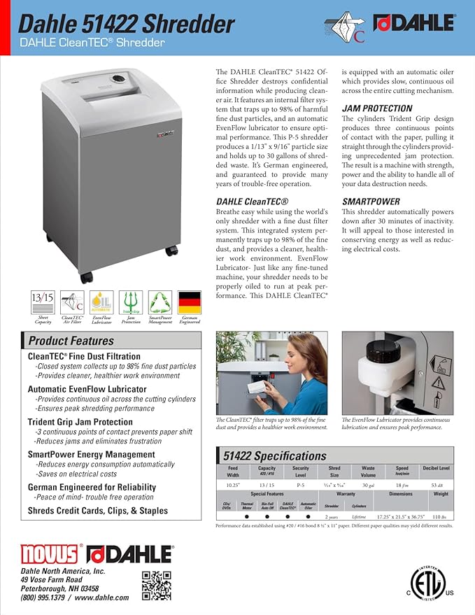 DAHLE CleanTEC 51422 Paper Shredder w/Air Filter, Micro Cut, P-5 Security, German Engineered, Jam Protection, Auto Oiler, SmartPower, 13 Sheet Max