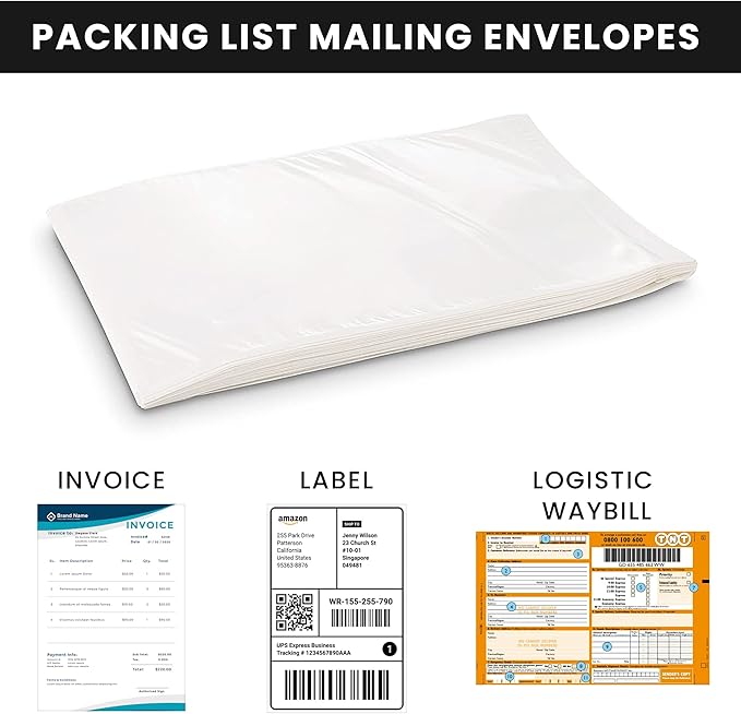 Shipping Label Sleeves 200Pcs, 7.5x5.5 Inches - Packing Slip Envelope Pouches with Self-Adhesive Peel & Seal - Clear Plastic & Waterproof Envelopes Ideal for Invoices & Packaging