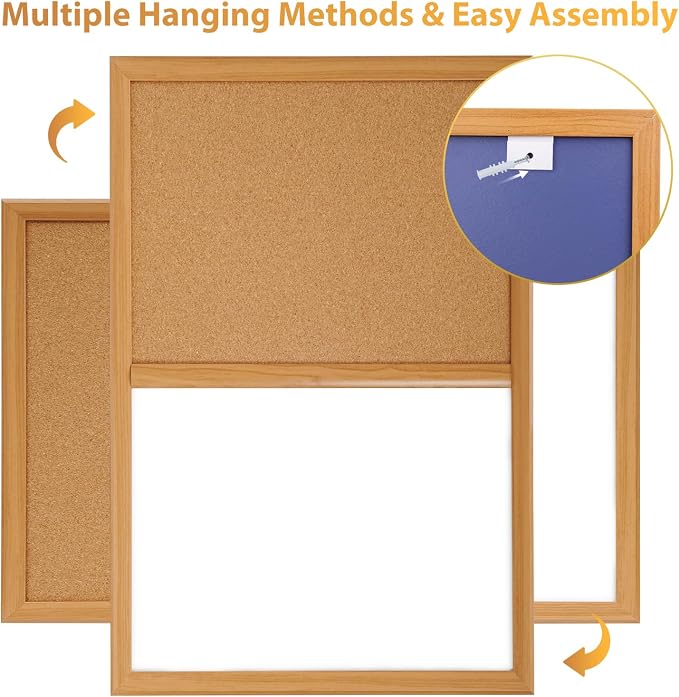 Cork Board White Board Combo with MDF Wood Frame | 36 x 24 Inch Bulletin Board, Magnetic Dry Erase Board & Corkboard for Wall, Vision Board for Home, Office, School