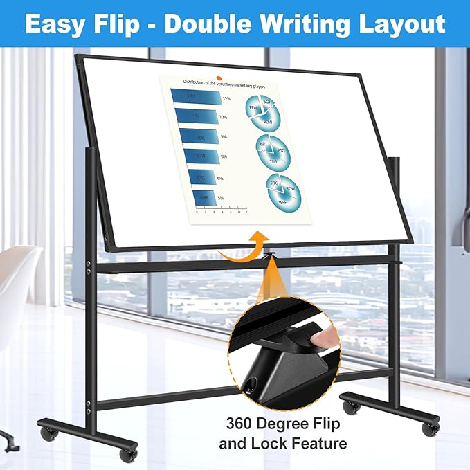 Magnetic Dry Erase Board with Stand, Double-Sided 36"x24" White Board with Stand, Mobile Whiteboard Rolling Whiteboard on Wheels for Kids & Adults, 2 Eraser, 10 Markers, 12 Magnets