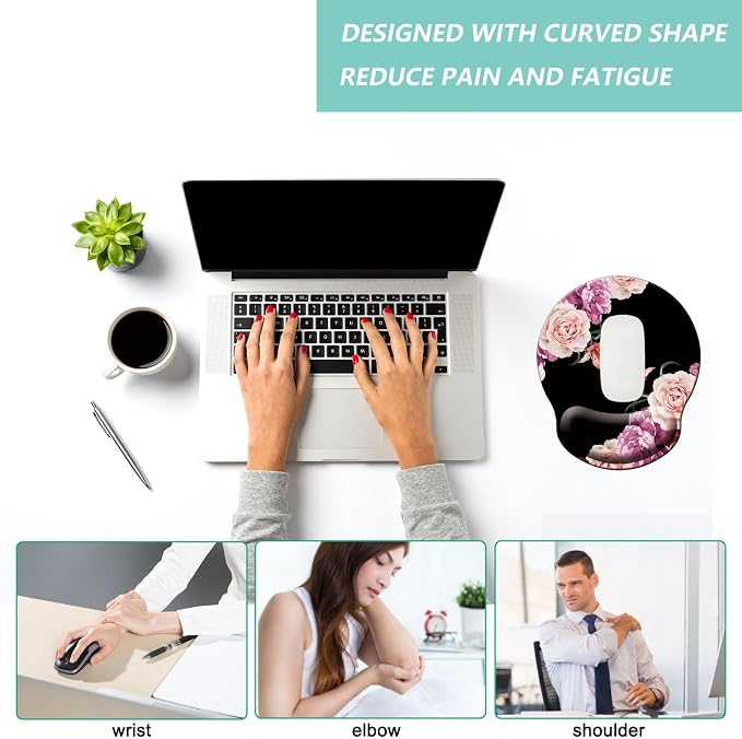 Mouse Pad with Wrist Support, Ergonomic Mouse Pad with Memory Foam Wrist Rest Cushion, Non-Slip Rubber Base Gaming Mice Pad for Home Office Computer Laptop, Flowers Pink