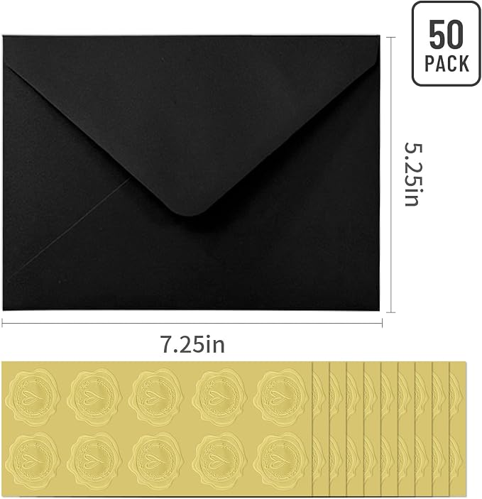 50 PCS Black Colorful A7 Envelopes with Stickers, 5x7 Envelopes for Greeting Cards, Great for Invitations, Wedding Invitation, Birthday, Baby Shower, Graduation