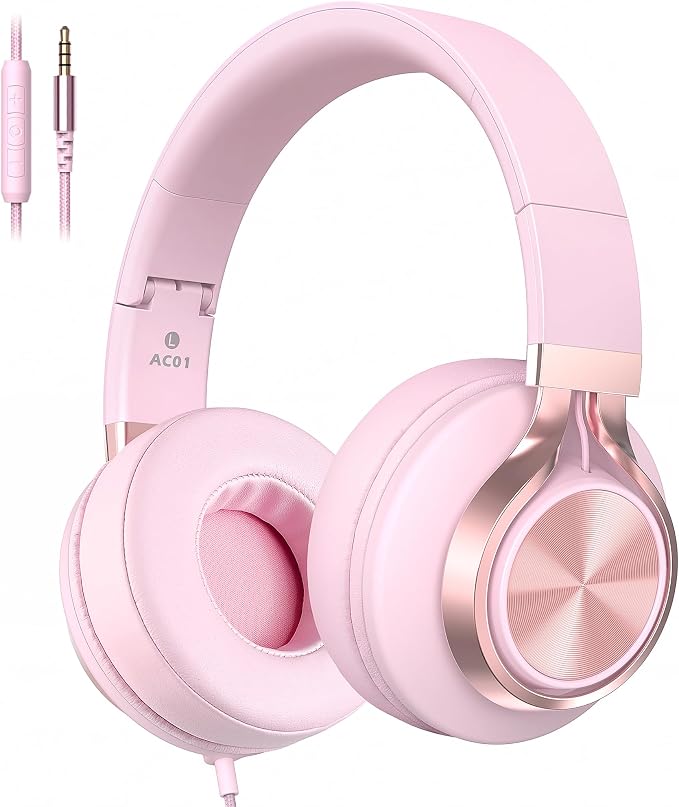 Wired Over-Ear Headphones Pink with Mic for School Work, 3.5mm Jack | Corded Passive Noise Isolating Stereo Headphones with Volume Control, Comfort Protein Leather Earcups for Teens, Women, Girls
