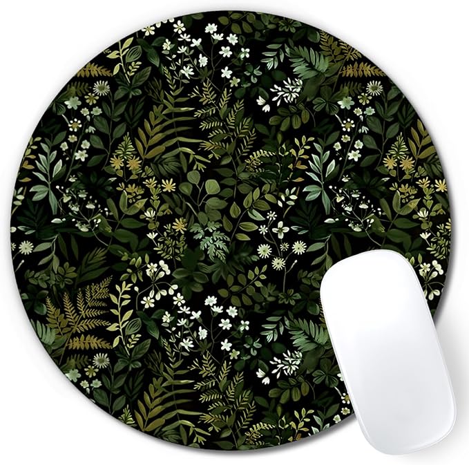Dark Green Plant Mouse Pad, Cottagecore Vegetation Fern Leaves Botanical Mousepad Mouse Mat with Non-Slip Rubber Base for Home Office Desk Accessories, Green Office Supplies, 7.9x7.9 Inch