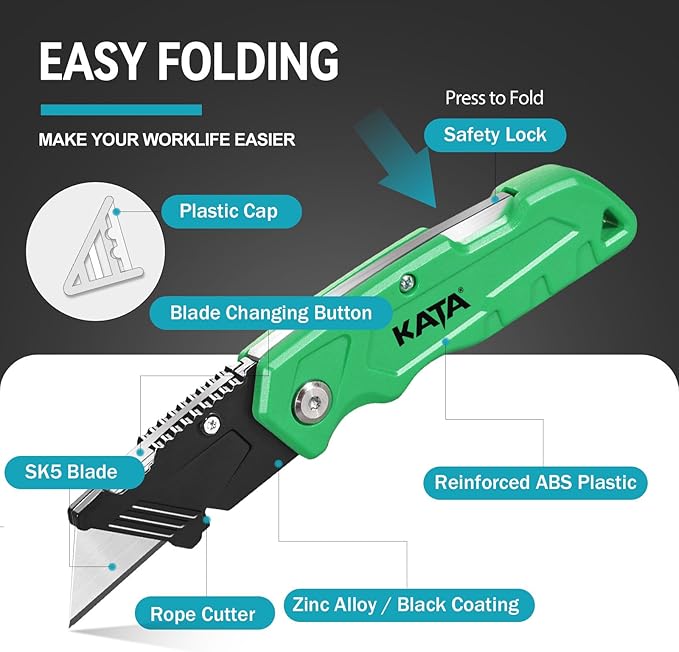 KATA 2-PACK Folding Utility Knife, Heavy Duty Box Cutter with 10pcs SK5 Quick Change Blades, Safety Lock Back Design, Used for Cutting Cartons, Cardboards and Boxes, Black and Red