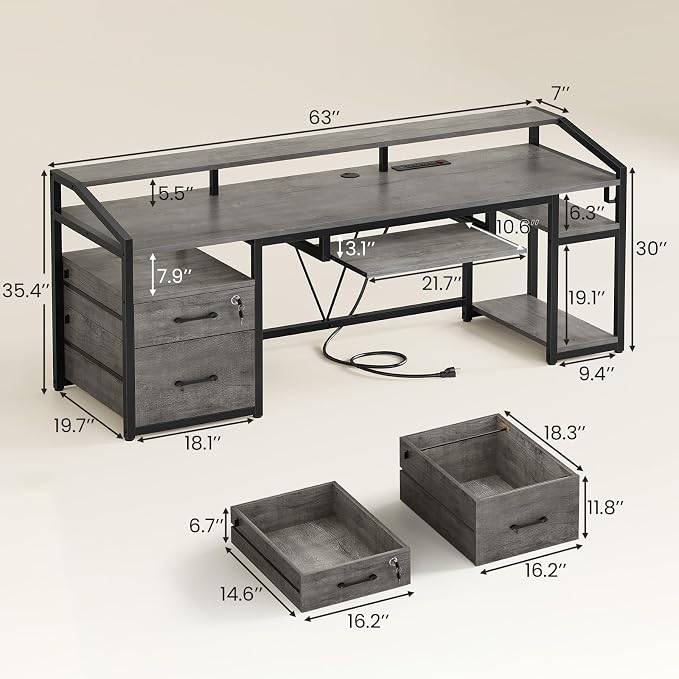 SEDETA 63" Computer Desk, Office Desk with Lockable Drawers for Legal/Letter File, Gaming Desk with LED Lights & Power Outlet, Home Office Desks with Storage, Grey