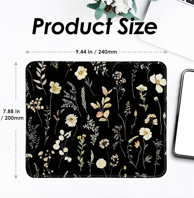 Mouse Pad with Stitched Edges - Dark Floral Mousepad Set for Women, 9.25 x 7.75 inch Washable Desk Pad, Non-Slip Rubber Base, Office Home Laptop Accessories - Midnight Botanical-2 Pack