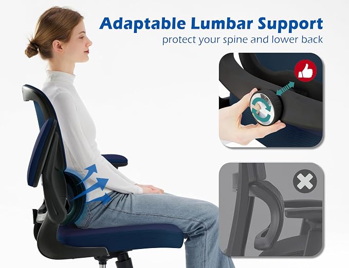 TRALT Ergonomic Office Chair Desk Chair with Adjustable Lumbar Support | Desk Chair Comfy with Flip-up Armrests Ergonomic Chair - Mesh Computer Chairs for Adults, 330lbs, PU Leather (Navy Blue, 1)