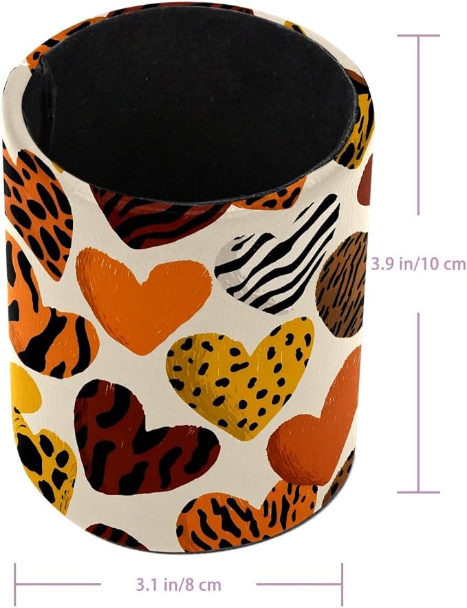 Leather Pen Holder for Desk, Leopard Heart Pencil Cup Pen Organizer Makeup Brush Holder for Office Home Kids Countertop Desk Accessory Storage