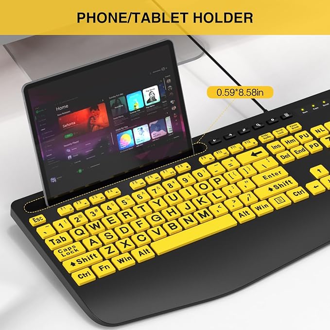 SABLUTE Large Print Keyboard Wired Computer Keyboards with Wrist Rest, Phone Holder, Big Letters Easy to Read Compatible Windows, Desktop, Laptop, Yellow