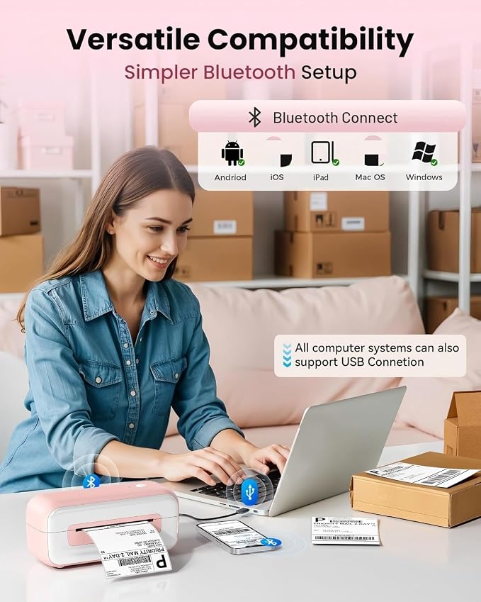 Phomemo 246SBT Shipping Label Printer- 4x6 Bluetooth Thermal Printer, Pink | Label Printer for Small Business, Compatible with iPhone, Android, Windows, Mac, Amazon, Shopify, USPS, FedEx