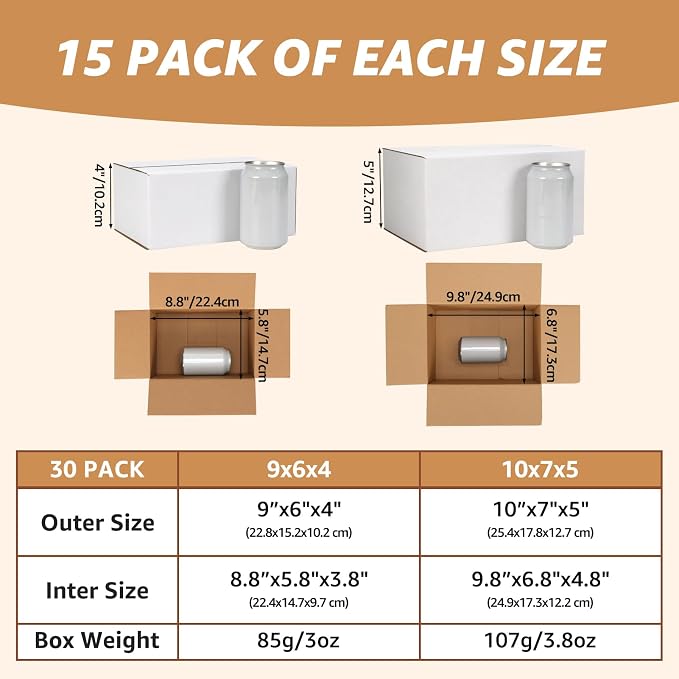 30 Pack 9x6x4, 10x7x5 Assorted Sizes Shipping Boxes for Small Business, Each Size 15 Pack, White Corrugated Cardboard Small Box for Packaging, Moving, Mailing, and Storing