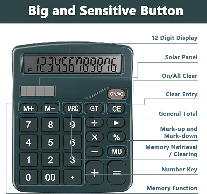 Dark Green Desktop Calculator with Big Buttons, Dual Power Source, Solar and Battery, Large Display Screen - Perfect for Office, Teachers, and Students (Dark Green)