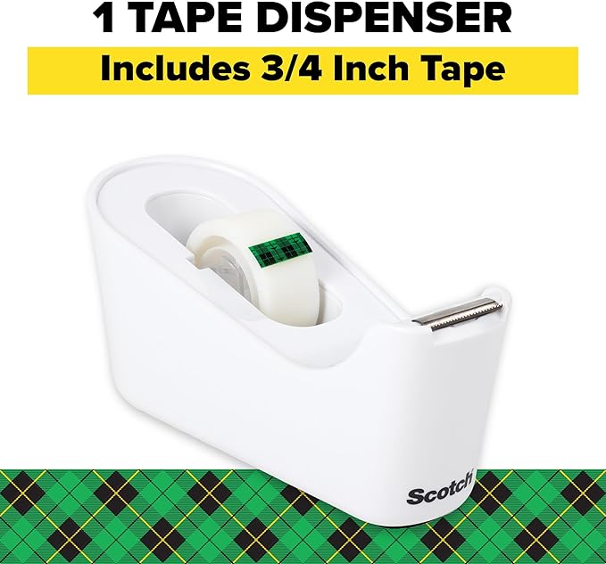 Scotch Tape Dispenser, White, Great for School or Office and Includes 1 Roll of Scotch Magic Tape 3/4 in x 350 in, ABS Material