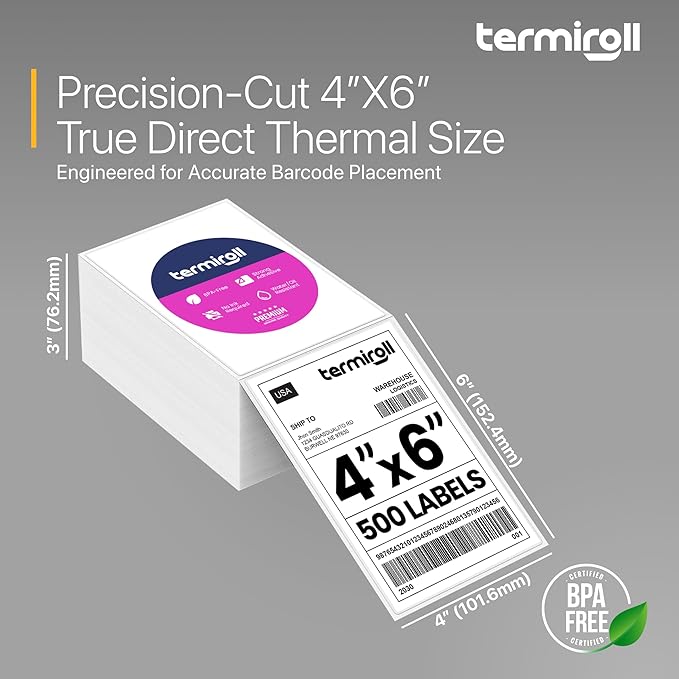 4x6 Thermal Labels, Shipping Stickers, 500 Labels/Fanfold Perforated, Compatible with Rollo, Zebra, iDPRT, Munbyn & More Direct Thermal Printers, Strong Adhesive, Multipurpose Small & Medium Business