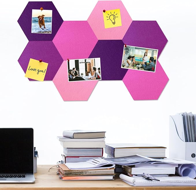 Large Hexagon Felt Cork Board Tiles, Self Adhesive DIY Felt Bulletin Board Pin Board with 35 Pushpins for Office School Home Wall Decor Stickers Memos Photos Display(Deep Purple+Pink)