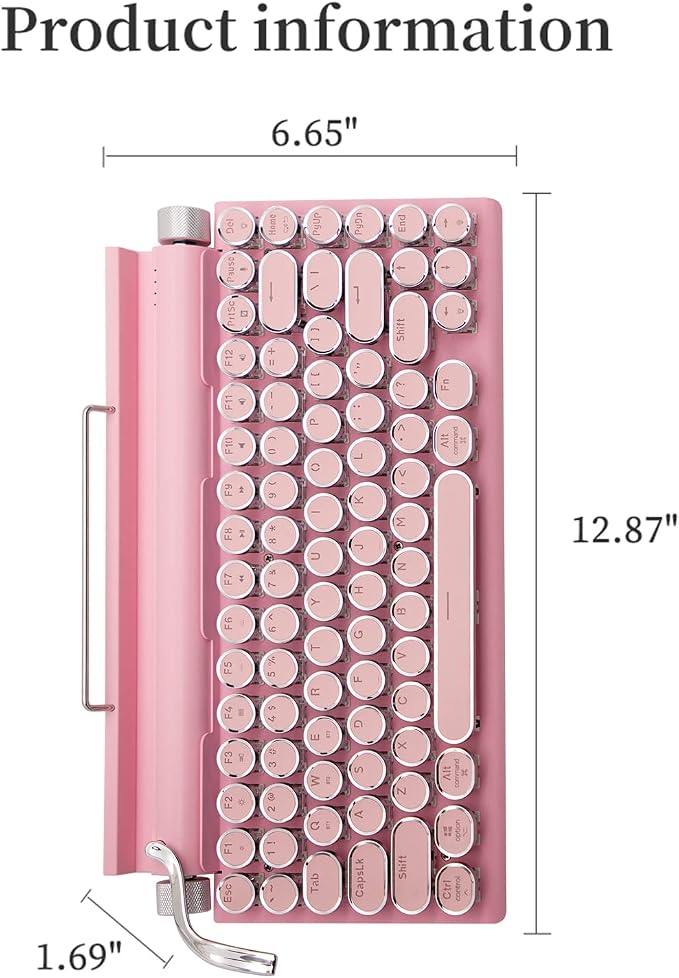 Adventurers Typewriter-Style Retro Mechanical Keyboard LED Backlight 83 Keys Bluetooth 5.0 Blue Axis,Compatible with iOS/Android/Windows/Vista/Linux/Mac Office/Gaming, 12.3x6.6x1.6in (Pink)