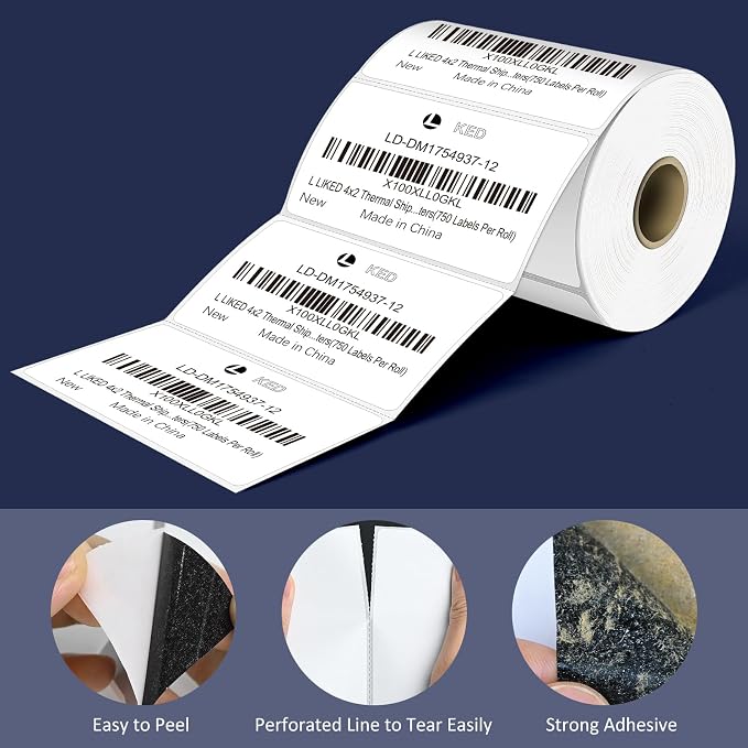 L LIKED 4" x 2" Direct Thermal Labels, 750 Barcode Shipping Labels | Permanent Adhesive, BPA Free, Block Old Information, Perforated, Compatible with Rollo, Zebra and Other Desktop Printers