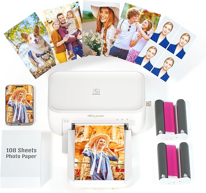 iDPRT 4×6 Photo Printer, Portable Color Picture Printer, Thermal Sublimation Mini Picture Printer, Bundle 108 Sheets Photo Paper & 2 Ribbon Cassette, Photo Printer for iPhone & Android, White