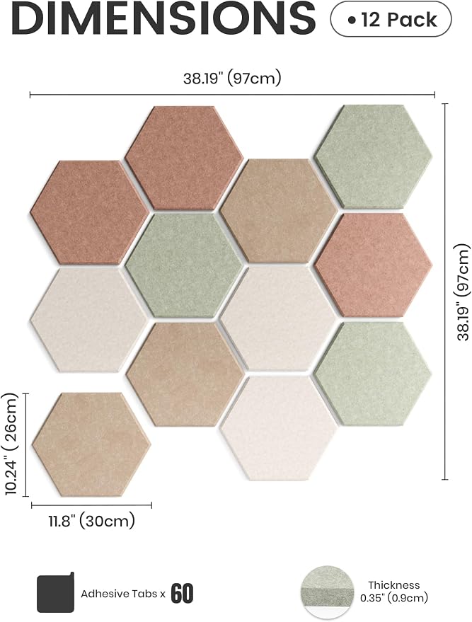 Fluxynara 12-Pack Hexagon Felt Bulletin Board Tiles, Boho-1 | Cork Board Alternative with 60 Adhesive Tabs for Notes, Photos and Reminders in Home Offices, Dorm and Classrooms