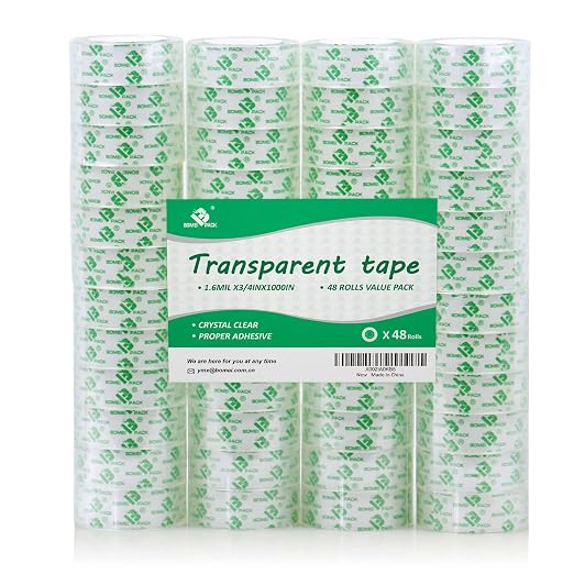 BOMEI PACK 48 Rolls Crystal Clear Transparent Tape, Stationery Tape Refills Rolls for Dispenser, 3/4 in x 1000 in,1 inch Core, Gift Wrapping Tape for Office, School and Home
