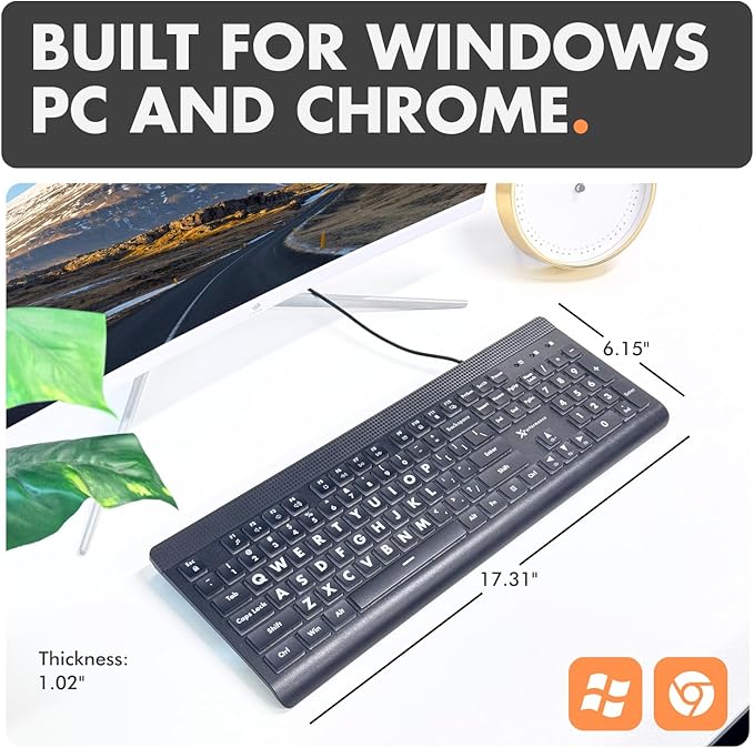 X9 Large Print Backlit Computer Keyboard - Easy to See Big Letters - Lighted USB Wired Keyboard with 7-Colors Backlight LED, Full Size Oversized Light Up Keyboard for Windows, PC, Laptop, Desktop
