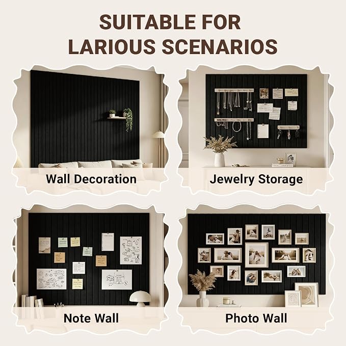 48" x 36" Large Felt Bulletin Cork Board 12PCS 60 Adhesives 50 Pushpins | Bulletin Board Pin Board, Sound-Dampening Damage-Free Mounting, Dorm Essential Wall Decor for Home & Officice, Black