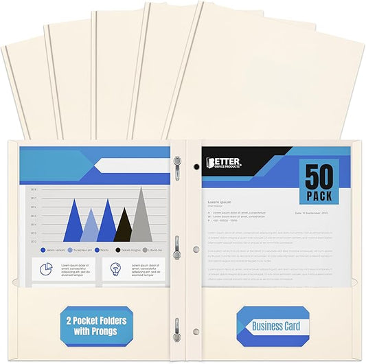 Better Office Products White Paper 2 Pocket Folders with Prongs, 50 Pack, Matte Texture, Letter Size Paper Folders, 50 Pack, with 3 Metal Prong Fastener Clips, White