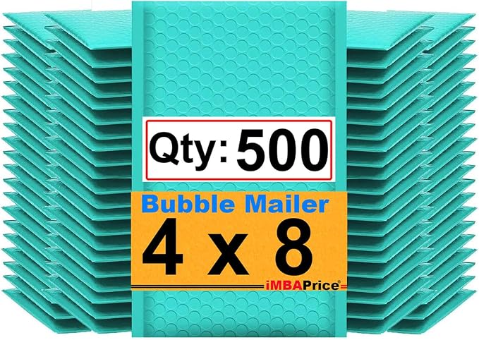 iMBAPrice 500-Pack #000 (4" x 8") Premium Hot Teal Color Self Seal Poly Bubble Mailers Padded Shipping Envelopes (Total 500 Bags)