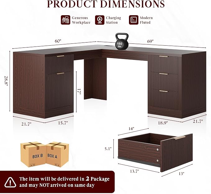 FURSUN 69" Executive L Shaped Desk, Wood Corner Executive Computer Desk with Power Outlets & Storage Drawers, Large Office Desk Workstation for Home, Dark Walnut
