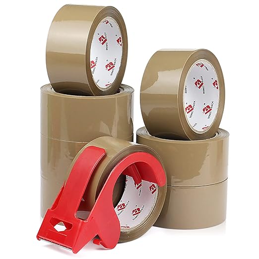 BOMEI PACK Heavy Duty Brown Packing Tape with Dispenser, 2.6 mil, 1.88 inch x 55 Yards 8 Pack, Ultra Strong, Refill for Industrial Shipping Box Packaging Tape for Moving, Office, & Storage