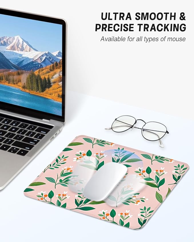 Mouse Pad, Cute Mouse Mat, 10" x 8", Pink Cute Flower | Square Waterproof Gaming Computer Mat, Textured Top, Stitched Edges, Non-Slip Rubber Base for Office Home Laptop Keyboard