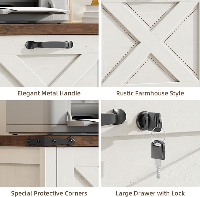 Halitaa 3 Drawer Farmhouse Lateral File Cabinet, Rustic White and Brown | Lateral Filing Cabinet with Lock for Letter/A4/Legal Size, Large Wood File Storage Cabinet Printer Stand for Home Office