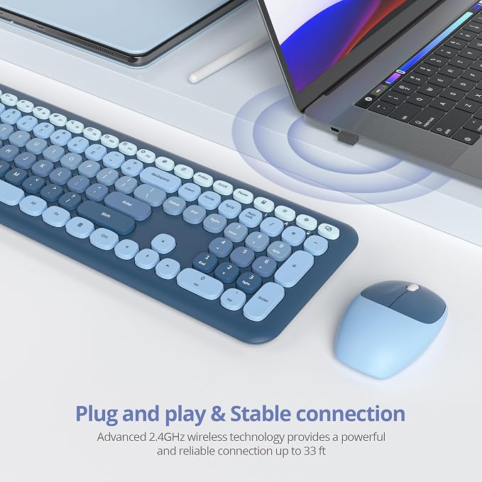 Surmen Cute Colorful Keyboard and Mouse Wireless Silent, Full-Size Retro Typewriter Wireless Quiet Slim Keyboard Low-Noise 2.4GHz for Computer, Desktop, Laptop(6-Ocean Blue)
