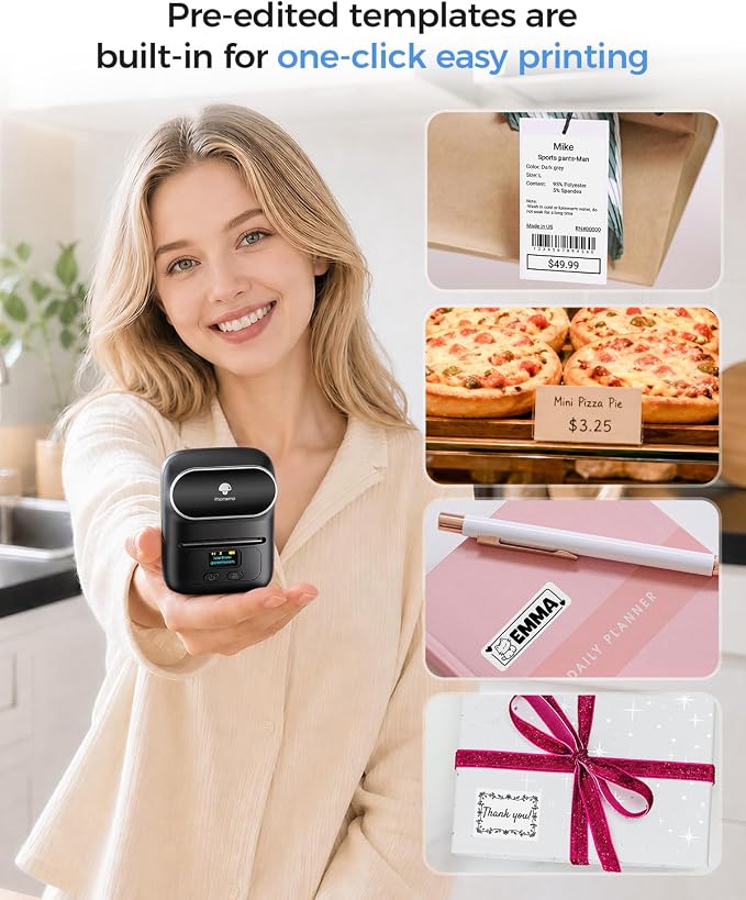 Phomemo M110 Label Makers, Portable Bluetooth Thermal Printer with Display | 2 Inch Barcode Sticker Printer Easy to Use for Small Business, Home, School, Office, APP with 6000+ Templates, Black