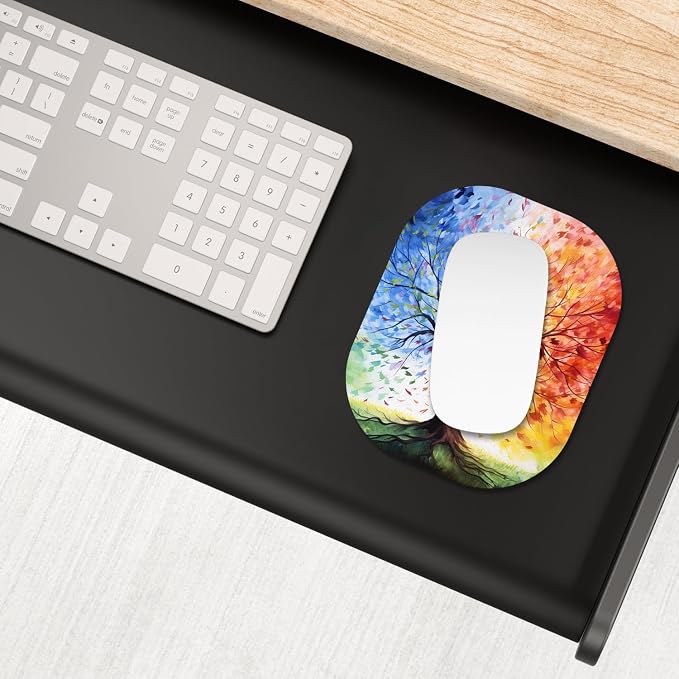 Small Mouse Pad, 6 x 7 Inch, Oval Mini Mouse Pad with Non-Slip Rubber Base for Laptop Wireless Mouse Keyboard Tray Mousepad, Colorful Trees
